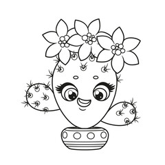 Cute cartoon cacti with flowers in a pot outlined for coloring page on white background