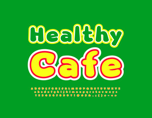 Vector colorful Signboard Healthy Cafe. Bright Kids Alphabet Letters and Numbers. Creative Font.
