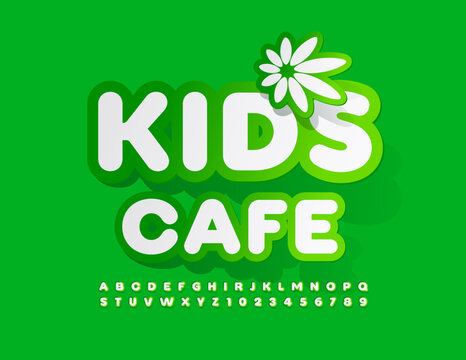 Vector eco emblem Kids Cafe. Bright creative Font. Modern Alphabet Letters and Numbers set