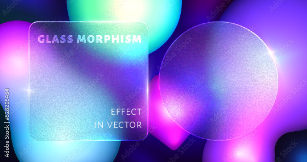 Poster glassmorphism vector effect with transparent card on fluid gradient. glass morphism on neon blur fut