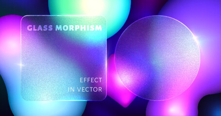 Glassmorphism vector effect with transparent card on fluid gradient. Glass morphism on neon blur futuristic purple background. Frosted acrylic, mate plexiglass plates in rectangle and circle shape.