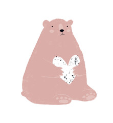 Big Bear Holding White Heart. Valentine's Day Illustration with Pink Bear on a White Background. Woodland Party Print. Simple Hand Drawn Romantic Vector Art ideal for Card, Wall Art, Poster.