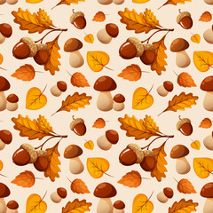 Seamless pattern with porcini mushrooms, acorns and autumn leaves on white light background