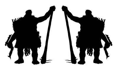 Fantasy creature - orc. Fantasy monster silhouette illustration. Goblin with ax drawing.