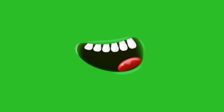 Vector Cartoon open mouth isolated on green background. Very Funny and cute green Monster open mouth with white teeth and red tongue