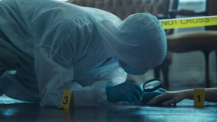 Detective Collecting Evidence in a Crime Scene. Forensic Specialists Making Expertise at Home of a Dead Person. Homicide Investigation by Professional Police Officer.