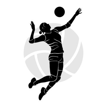 Black silhouette art of female volleyball player hitting the ball. Vector illustration