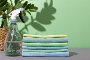 Microfiber cloths for cleaning and a spray bottle with clean water. Tools for eco friendly cleaning...