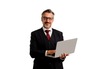 Portrait of Businessman in elegant blue suit wearing eye glasses looking into the camera while holding his laptop. isolated on white background with copy space.