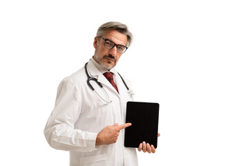 Portrait of senior doctor in doctor coat wearing stethoscope and eye glasses, Showing Digital Tablet Blank Screen. isolated on white background.