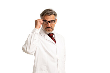 Portrait of senior doctor posing and looking at camera, healthcare and medicine. isolated on white background.