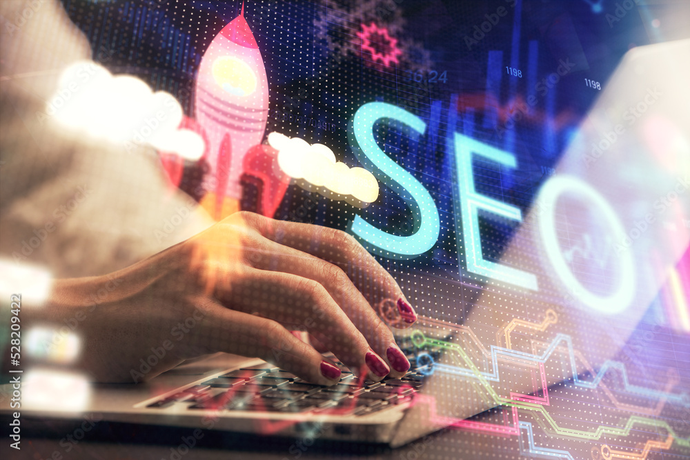 Poster double exposure of woman hands working on computer and seo hologram drawing. internet search concept