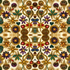 Flowers Style Pattern, Ornamental Wallpaper, Embroidery, Fantasy Home Decoration, European Style Ornaments, Botanical Illustrations, Architecture Patchwork, Interior and Exterior Surface, Natural 