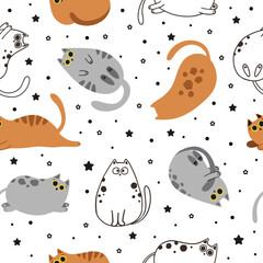 Seamless pattern with cute cartoon cats. Great for fabric, textile vector illustration