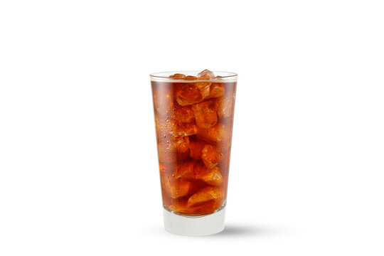 Glass of iced cola, coffee, tea. Cold filter americano coffee with ice isolated on white background with clipping path.