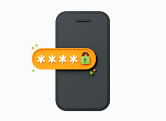 3D Mobile Phone with pin code password. Smartphone security and protection. Locked password field. Personal data protection. Cartoon creative design icon isolated on white background. 3D Rendering