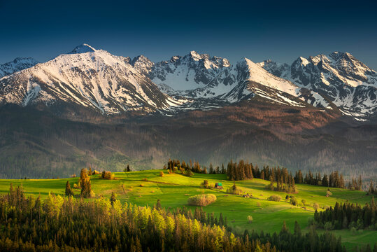 Fototapeta View of the Tatra Mountains, meadows, pastures, from Gliczarów Górny. Spring, Poland. Widok na Tatry, góry, łąki, hale, z Gliczarowa Górnego. Wiosna, Podhale, Polska. Krajobraz