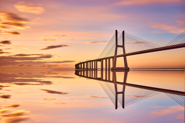 Vasco da Gama Bridge in Lisbona, Portugal, at sunrise