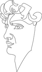 Mask of Michelangelo's David. Portrait of a young man. Continuous line drawing. Vector illustration.
