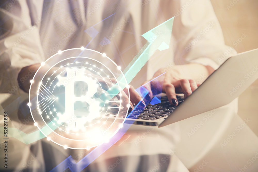 Poster double exposure of woman hands typing on computer and crypto market theme hologram drawing. blockcha