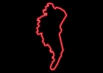 Obraz premium Red glowing neon map of Comoe Ivory Coast on black background.