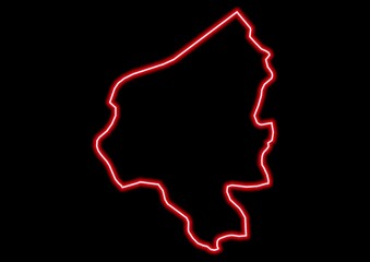 Red glowing neon map of Copán Honduras on black background.