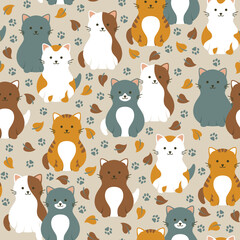 Seamless pattern with colorful cute cats and autumn leaves. Vector illustration.
