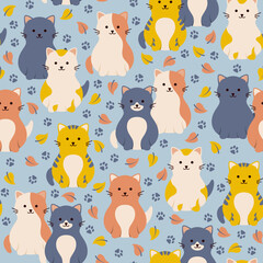 Seamless pattern with colorful cute cats and autumn leaves. Vector illustration.