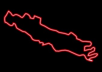 Red glowing neon map of Cremona Italy on black background.