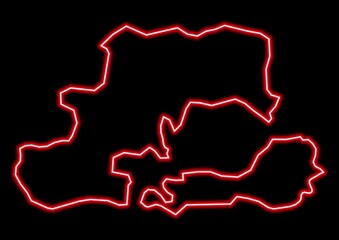 Red glowing neon map of Csongrád Hungary on black background.