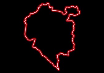 Red glowing neon map of Denguélé Ivory Coast on black background.