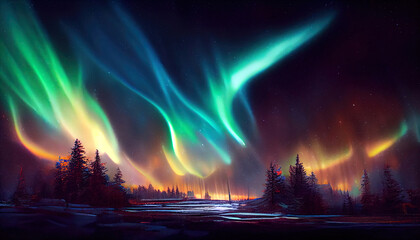 Northern lights over the forest. Abstract illustration art