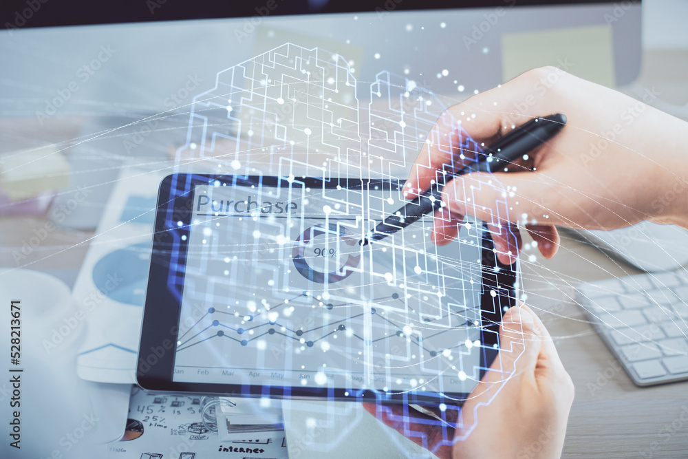 Poster double exposure of man's hand holding and using a digital device and brain hologram drawing. data co