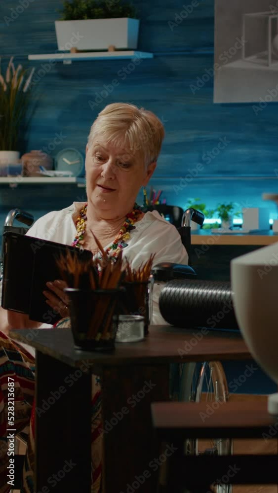 Aufkleber vertical video: paralyzed artist with physical disability drawing vase model and using digital table