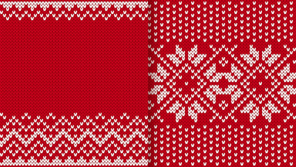 Holiday Xmas winter ornament. Christmas knit print. Set of seamless patterns. Festive crochet. Vector. Red knitted sweater textures. Fair isle traditional geometric backgrounds.