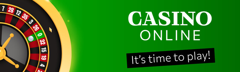 Casino roulette web horizontal banner template on green background. Online casino web vector banner