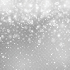 Xmas or New Year background with falling snowflakes on transparent backgrund. Vector