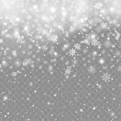 Xmas or New Year background with falling snowflakes on transparent backgrund. Vector