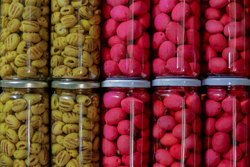 olive fruits and vegetables in jars