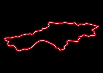 Red glowing neon map of Dungannon United Kingdom on black background.
