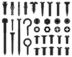 Black silhouettes of wall plugs, bolts, nuts and screws	