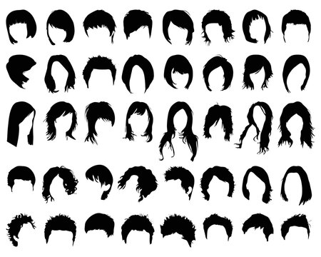 Black silhouettes of different hair styling  on a white background