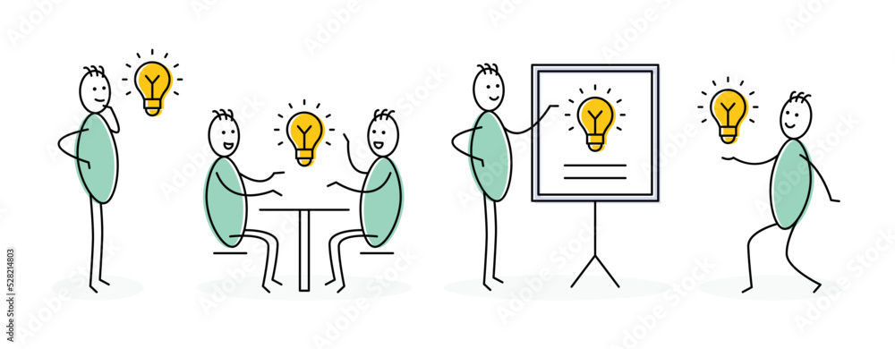 Poster idea symbol. set of stick figure with lightbulb symbol vector illustration. business inspiration con