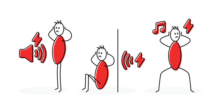 Set of stickman covering ears from the noise. Stressed stick man with headache and noisy people vector illustration. Annoyed and disturbed symbol.