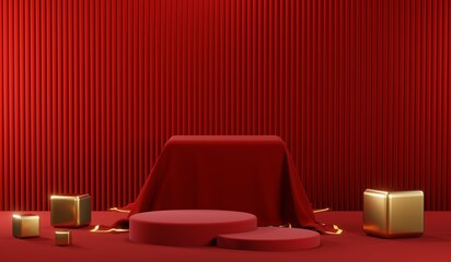 3D rendering of blank product background for cream cosmetics Modern red podium background