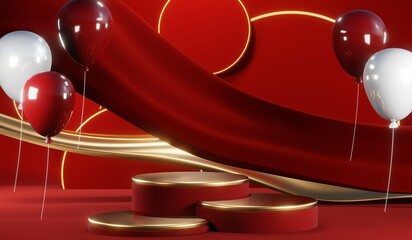 3D rendering of blank product background for cream cosmetics Modern red podium background