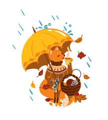 Cute fox knitting a socks and drink hot tea on the autumn forest. Autumn season. Vector illustration.