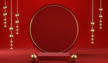 3D rendering of blank product background for cream cosmetics Modern red podium background