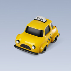Vector 3d cartoon toy city taxi vehicle on gray background. Isolated yellow cab design element. © Oleg
