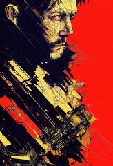 Glitched portrait of serious cyberpunk man, book cover design